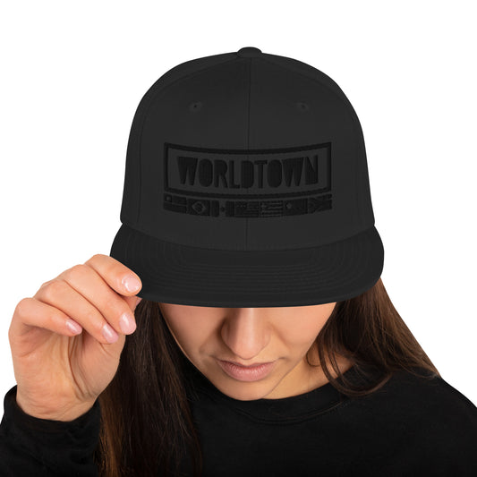 Worldtown Classic Black on Black Embroidered Snapback Hat